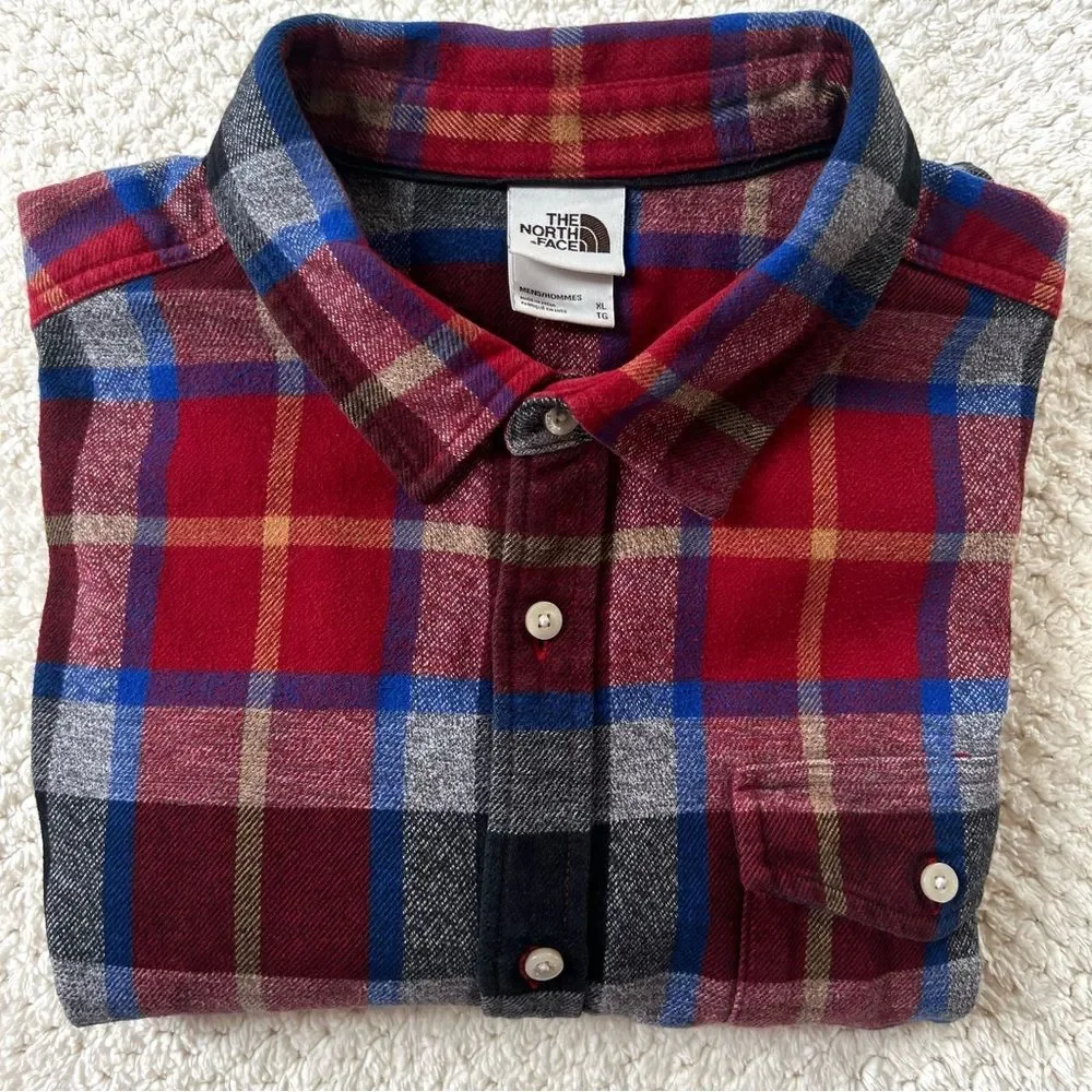 The North Face Arroyo Red Black Blue Plaid Heavyweight Flannel Shirt SZ XL